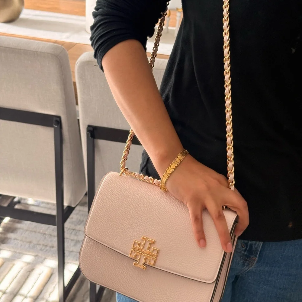 575+!Tory Burch Britten Small Adjustable Shoulder Bag Light Pink with Gold Chain